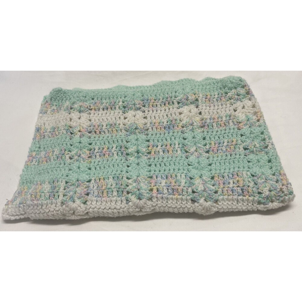 Handmade Crochet Baby Afghan Striped Pastel Green Blanket Scalloped Nursery Crib